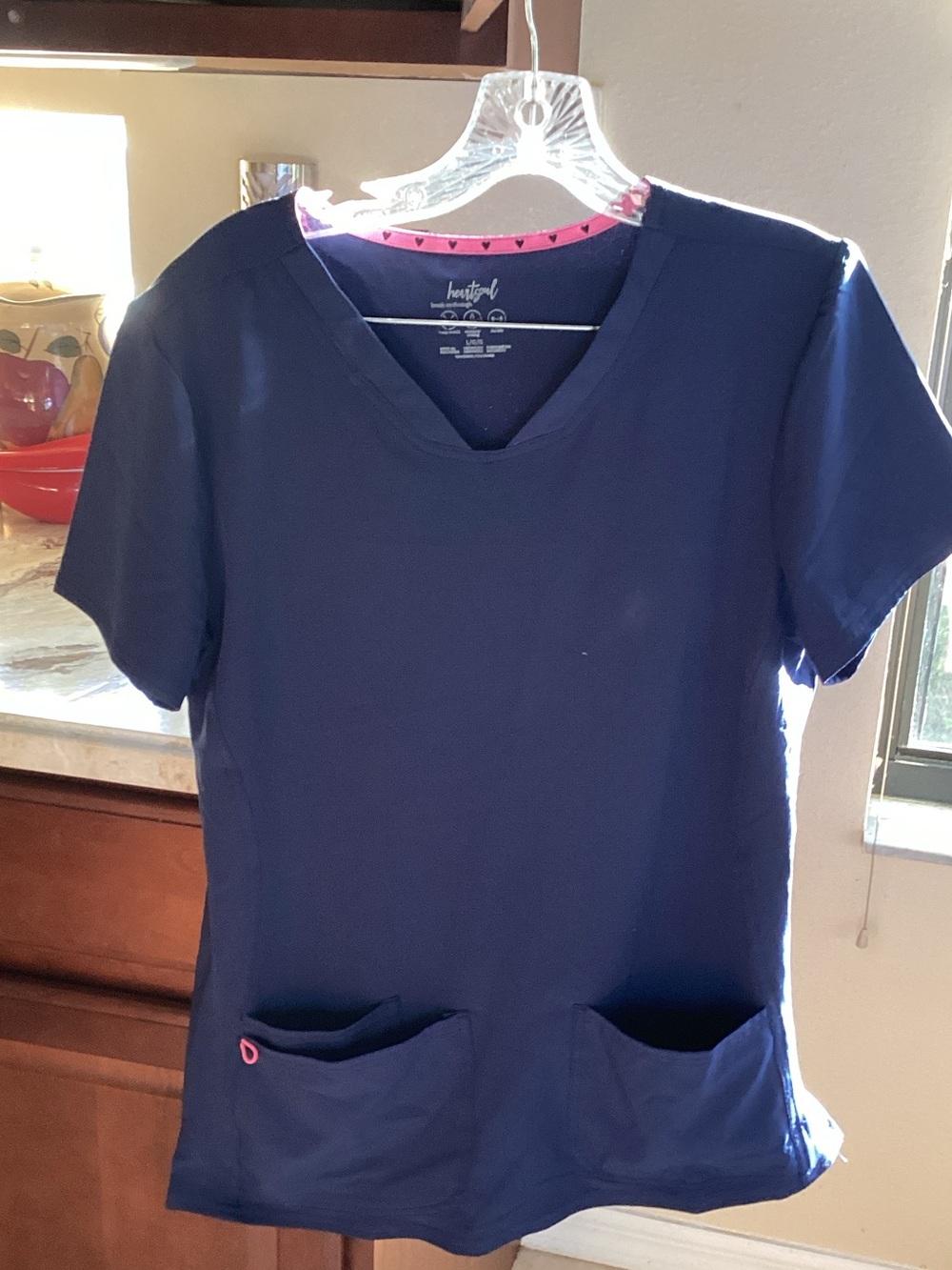 HeartSoul Short Sleeve V‑Neck Scrub Top in Navy with Pink Trim